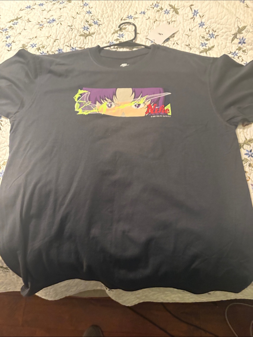 Nike Black Short Sleeve Tee with Purple Anime Graphic and Neon Accents